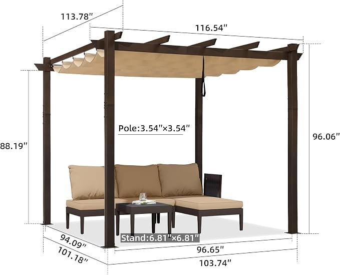 PURPLE LEAF Pergola 10' X 10' Bronze Metal Retractable Patio Canopy, UV fabric - Image 6