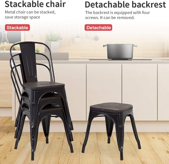FDW | Metal Dining Chairs with Wooden Seat | Set of 4 | Black | Stackable Tolix - Image 7