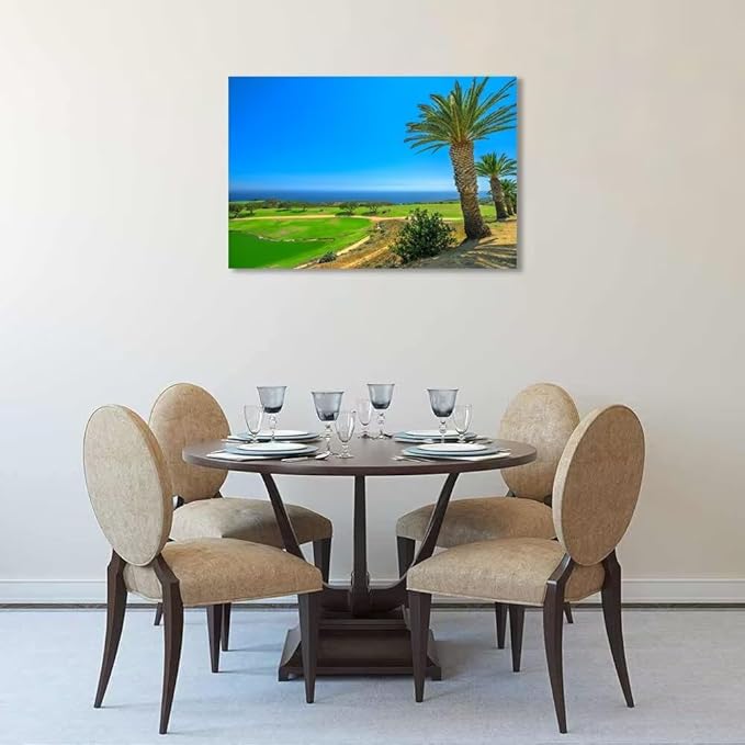 USA California Golf Course with Palm Tree Wall Art Picture California Coastline Golf Course Wall Decor for Living Room Bedroom Bathroom Home Decorations Framed Ready to Hang(12''H x 16''W)