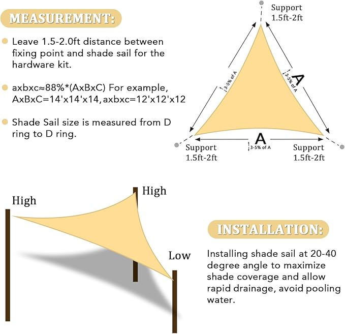 Shade&Beyond Custom Sun Shade Sail 12'x15'x19.2' Triangle Sun Sail Shades Patio - Image 6