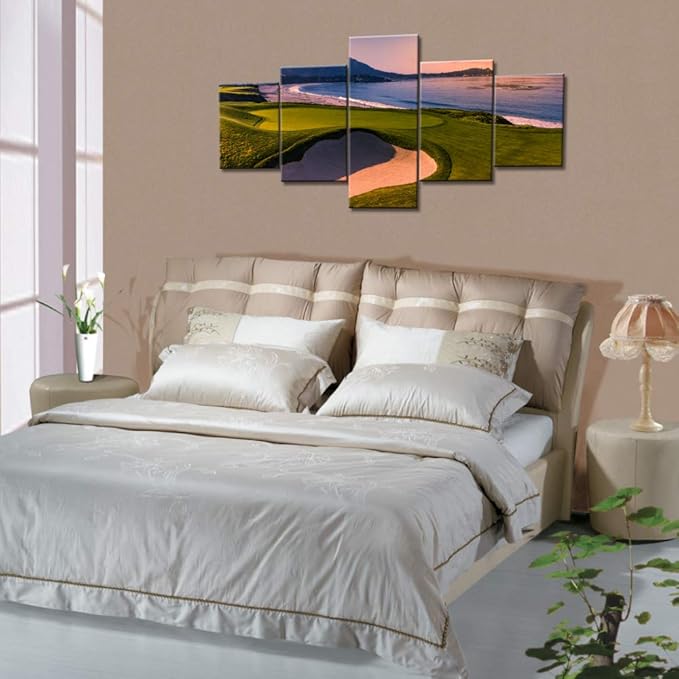 Native America Wall Pictures for Living Room Public Golf Course of Pebble Beach Wall Art 5 Piece Canvas Prints Artwork Giclee GolfingPainting Modern House Decor Framed Ready to Hang Gift(50''Wx24''H)