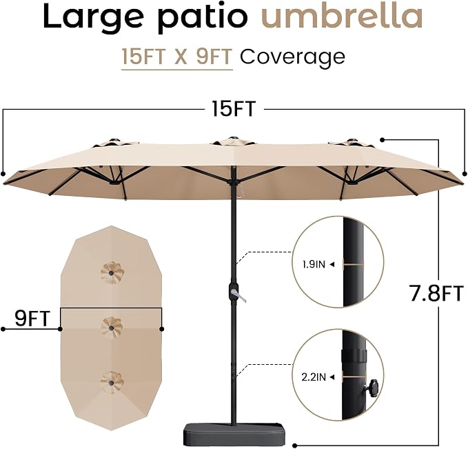 15ft Patio Umbrella with Base, Large Outdoor Double-Sided Rectangle Umbrella | - Image 7