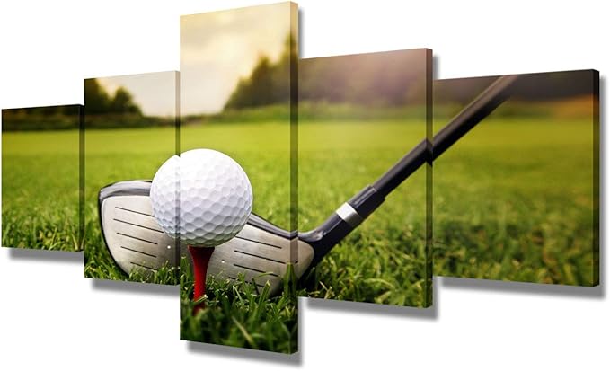 Golf Field Wall Art Green Grass Paintings Giclee Multi Panels Canvas Pictures for Living Room HD Prints Man Cave Signs and Decor Sunset Artwork Framed Stretched Ready to Hang Gift(50''W x 24''H)