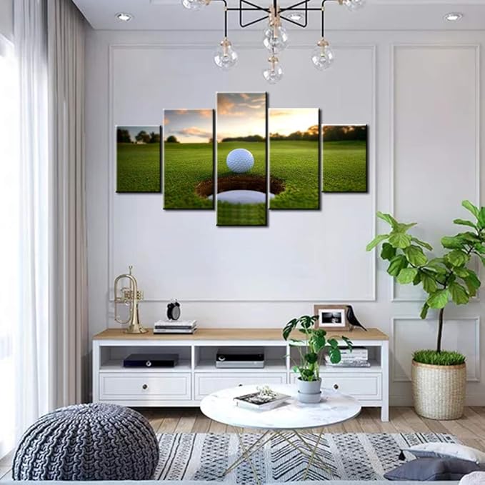 5 Piece Canvas Wall Art for Living Room Golf Course Pictures White Golf Ball Paintings Green Lawn Scenery Artwork Gallery-Wrapped Modern Home Decor Framed Ready to Hang Posters and Prints(60''Wx32''H)