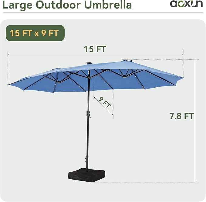 Aoxun 15ft Patio Umbrella with Base & Solar LED Lights, Outdoor Double-Sided - Image 2