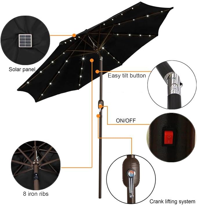 9 ft Solar Umbrella, 32 LED Lighted Patio Umbrella, Table Market Umbrella - Image 2