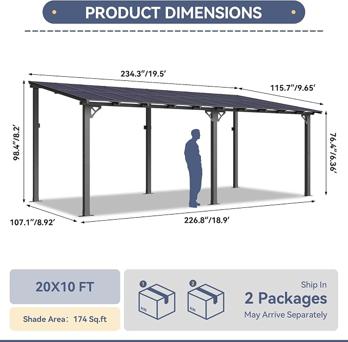 10' X 20' Lean to Gazebo Pergola, Metal Outdoor Gazebos | Wall Mounted Gaebos - Image 3