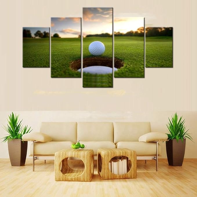 5 Piece Canvas Wall Art for Living Room Golf Course Pictures White Golf Ball Paintings Green Lawn Scenery Artwork Gallery-Wrapped Modern Home Decor Framed Ready to Hang Posters and Prints(60''Wx32''H)