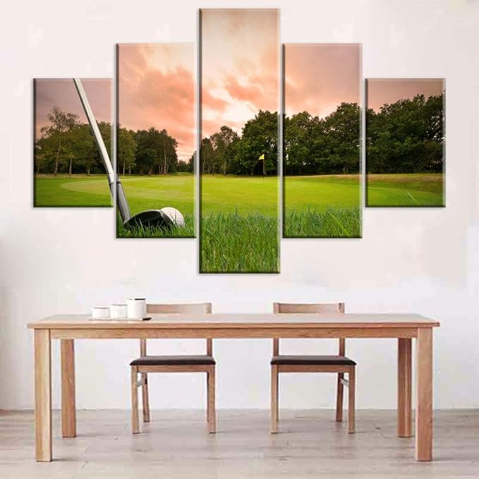 5 Pieces Canvas Wall Art Golf Course at Sunset Red Paintings for Living Room Green Lawn Pictures Modern Home Decor Rustic Artwork Gift Wooden Framed Ready to Hang Poster and Prints(60''W x 40''H)