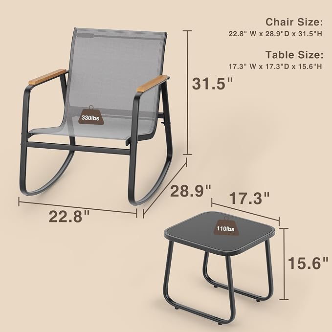 3 Pieces Patio Furniture Set, Outdoor Textilene Furniture Set, A Tempered Glass - Image 7