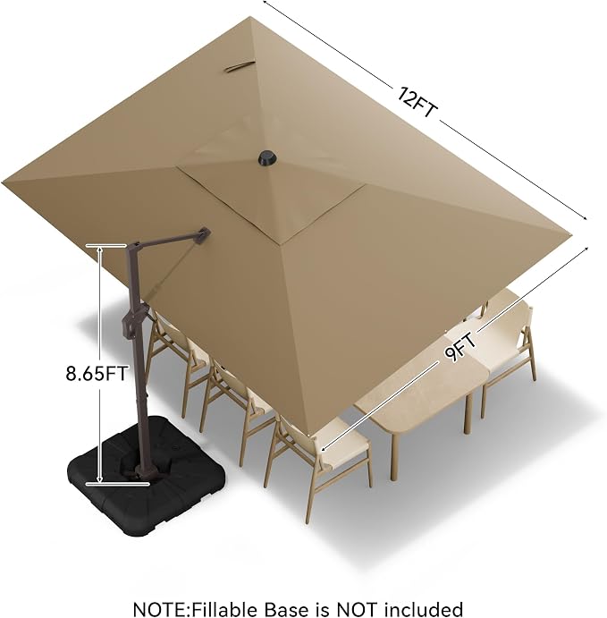 9x12 FT Cantilever Patio Umbrella, Large Rectangular Offset Outdoor Umbrella - Image 3