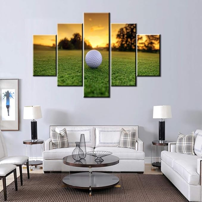 Wall Pictures for Living Room Golf Course Sunset Scenery Paintings White Golfball Artwork Gallery-Wrapped 5 Panel Prints Canvas Wall Art Modern Home Decor Framed Stretched Ready to Hang(60''Wx40''H)