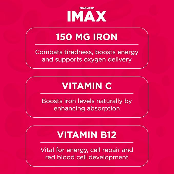 IMAX Iron Supplement 150 mg, Vitamin C 250 mg & B12 1000 mcg, Iron Supplement Treatment for Women & Men, Once Daily, 30 Capsules