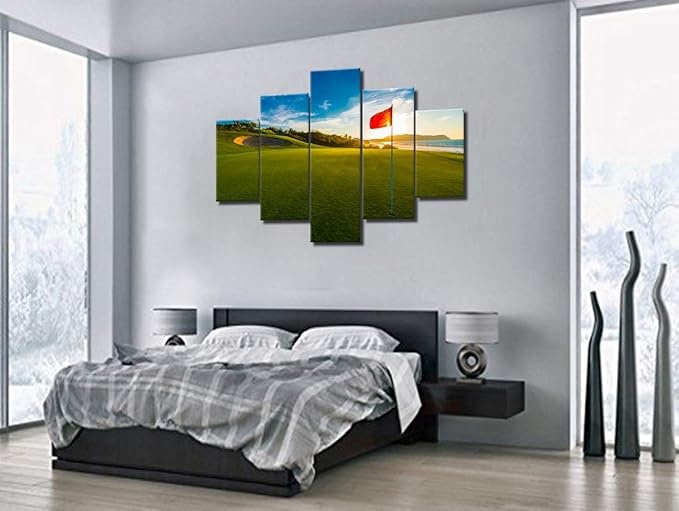 Golfing Pictures for Living Room Golf Course Scenery Paintings Red Flag Artwork 5 Piece Canvas Wall Art HD Prints Contemporary House Decoration Wooden Framed Gallery-Wrapped Ready to Hang(60''Wx40''H)