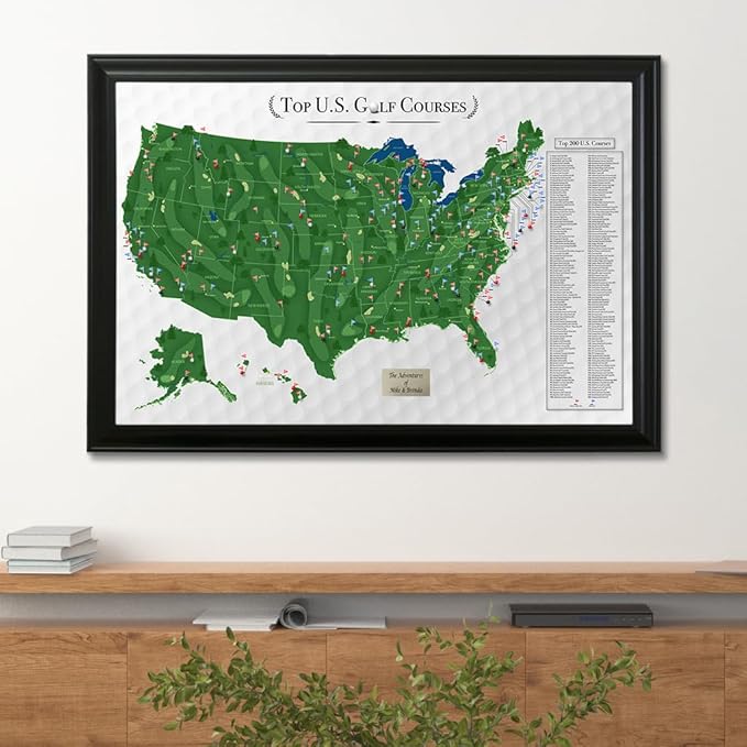 Push Pin Travel Maps Customizable Wall Art - Top Golf Courses USA Map - Black Frame - Personalized Framed Pin Map, Includes 150 Pins - Handcrafted in USA - 27.5" x 39.5"