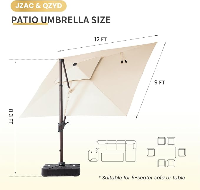 JZAC & QZYD 9x12 FT Cantilever Offset Patio Umbrella - Image 4
