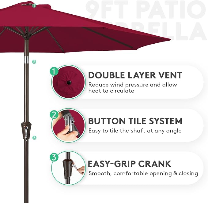 JEAREY 9FT Outdoor Patio Umbrella, Market Umbrella, Dark Red | Outdoor Table - Image 2