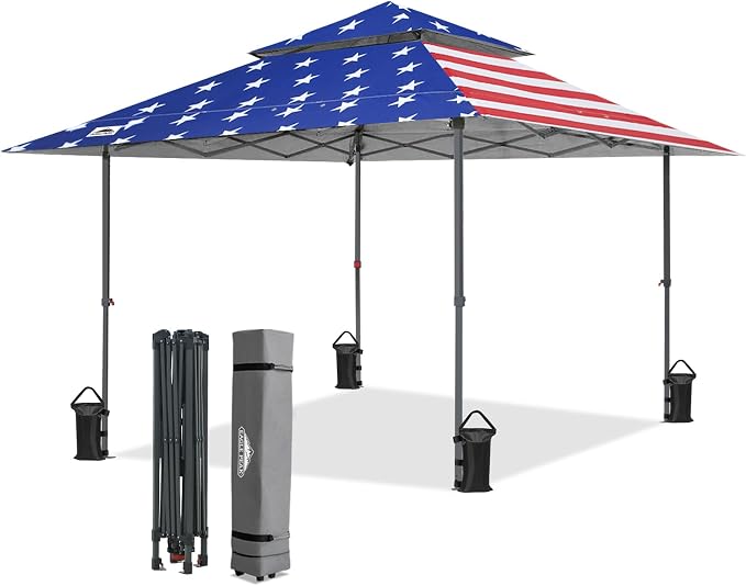 EAGLE PEAK 13x13 Pop Up Canopy Tent, Auto Extended Eaves, American Flag | Easy by EAGLEPEAK