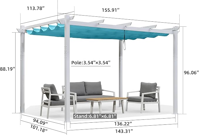 PURPLE LEAF Outdoor Pergola 10' x 13' Retractable Canopy, Turquoise Blue | UV - Image 6