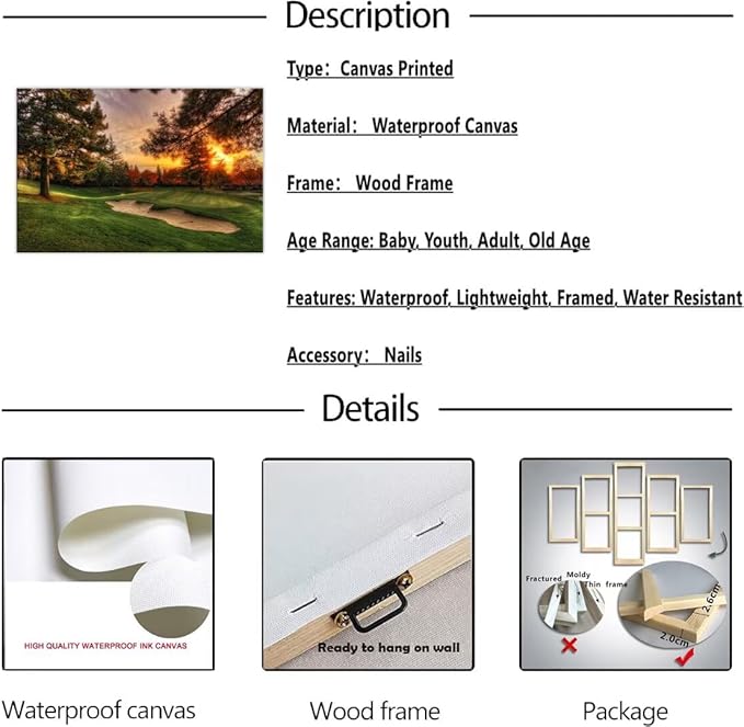 chenchenArt Golf Wall Art for Living Room Bedroom Home Decorations Golf Course and Tree Piture & Poster Picture Poster Canvas Prints Modern Artwork Framed Ready to Hang(12''H x 16''W)