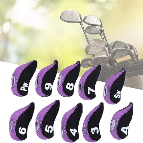 10Pcs Head Covers for Golf Clubs, Neoprene Golf Iron Covers Set with Number Convenient, Soft Universal Iron Club Head Cover for Outdoor, Sports Lovers, Black Purple