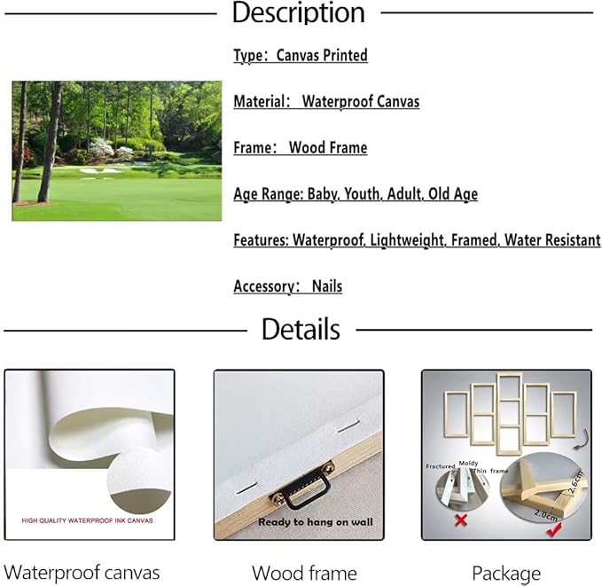 Augusta National Golf Club 12th Hole Wall Art for Living Room Bedroom Bathroom Home Decorations Golf Art Augusta Golf Course Poster Prints Golf Art Framed Ready to Hang(24''H x 36''W)
