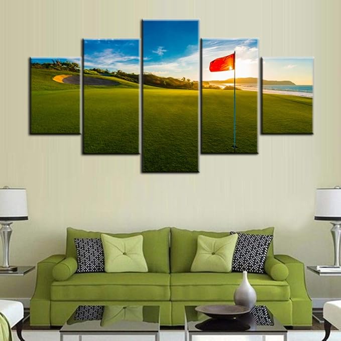 Living Room Decorations for Wall Golf Course Pictures Red Flags Paintings Landscape Artwork 5 Piece Green Canvas Wall Art House Modern Decor Framed Giclee Ready to Hang Posters and Prints(60''Wx32''H)