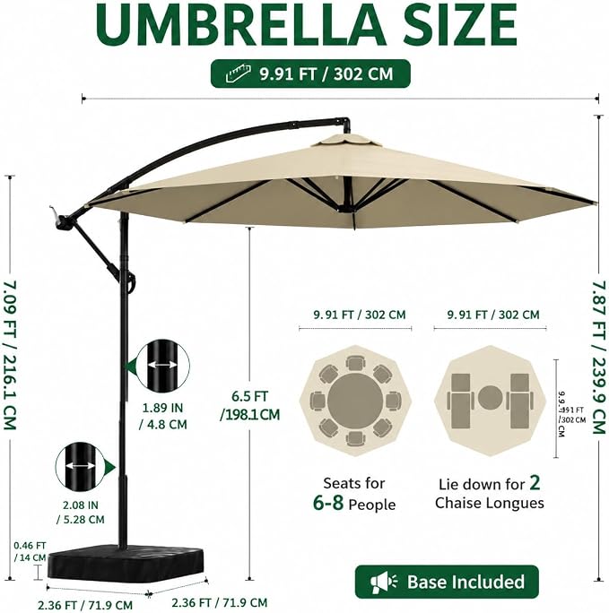 10FT Patio Umbrella with Base, Outdoor Umbrella Pool Umbrella Cantilever - Image 4