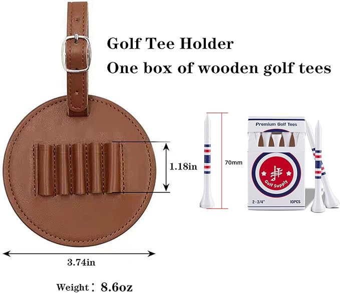 Golf Tee Holder for Bag, Golf Tee Carrier with 10 PCS Wooden Golf Tees 2-3/4 inch, Golf Accessories for Men and Women, Golf Bag Accessory and Golf Gift (Brown)