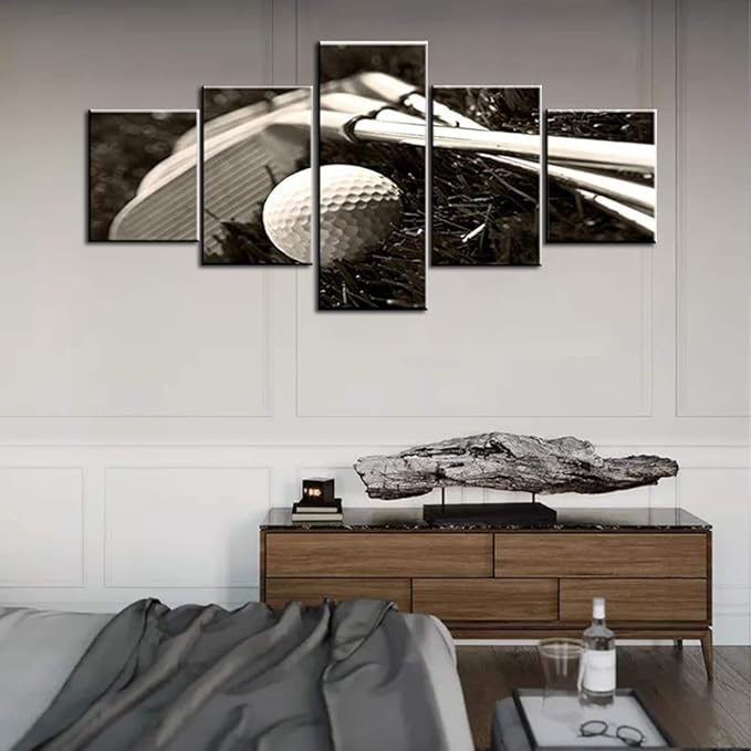 Golf Pictures Golfing Sport Wall Art for Living Room Multi Panel Prints on Canvas Black and White Artwork Landscape Paintings Modern Home Decor Wooden Framed Gallery-Wrapped Ready to Hang(50''Wx24''H)