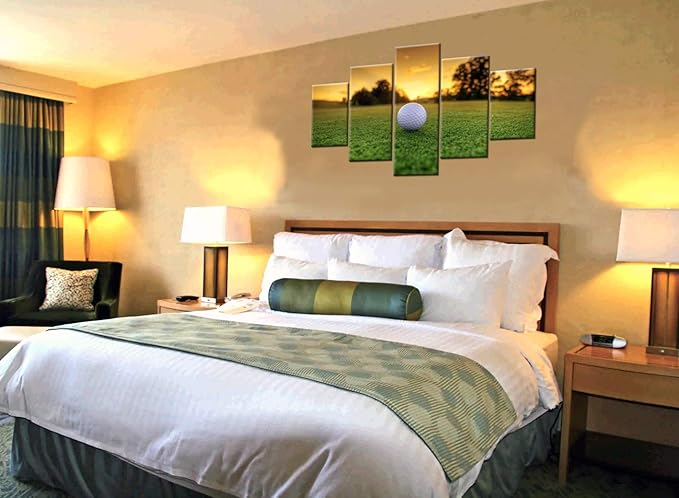 Wall Pictures for Living Room Golf Course Paintings Sunset Scape Artwork Multi Panel Green Canvas Wall Art Modern Home Decoration Giclee Wooden Framed Ready to Hang Posters and Prints(60''Wx32''H)