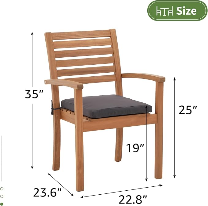 Stackable Patio Dining Chairs Set of 4, Dark Grey | Outdoor Acacia Wood Chairs - Image 3