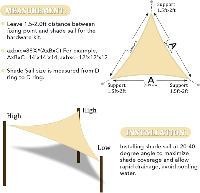 Shade&Beyond Custom Sun Shade Sail 12'X14'X18.4'Triangle Sun Sail Shades Patio - Image 6