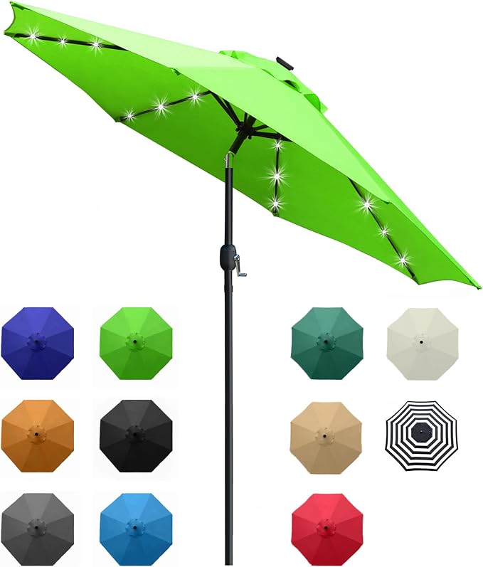 Sunnyglade 9' Solar LED Patio Umbrella, 8 Ribs, Tilt & Crank | 9Ft Patio by Sunnyglade