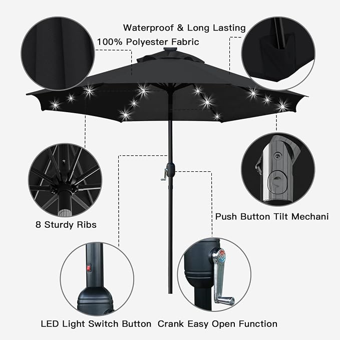 Sunnyglade 9' Solar LED Patio Umbrella, 8 Ribs, Tilt & Crank | 9Ft Patio - Image 2