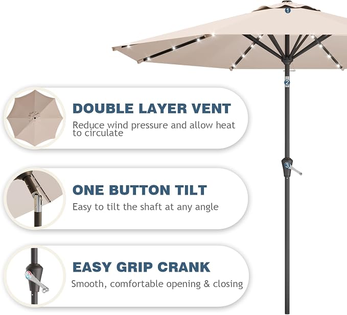 9FT Patio Umbrella with Solar Lights, Outdoor Market Umbrella with Tilt and - Image 5