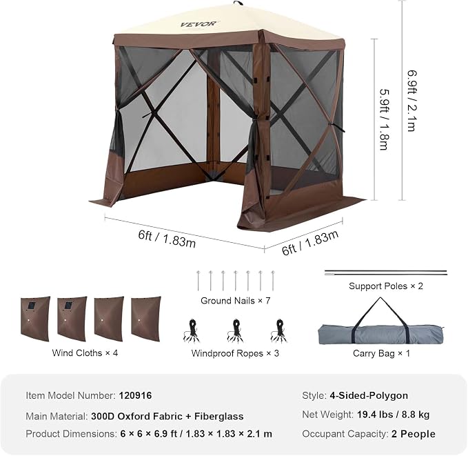 VEVOR Pop Up Gazebo Tent, 6 x 6 ft 4-Sided Screen Shelter - Image 8