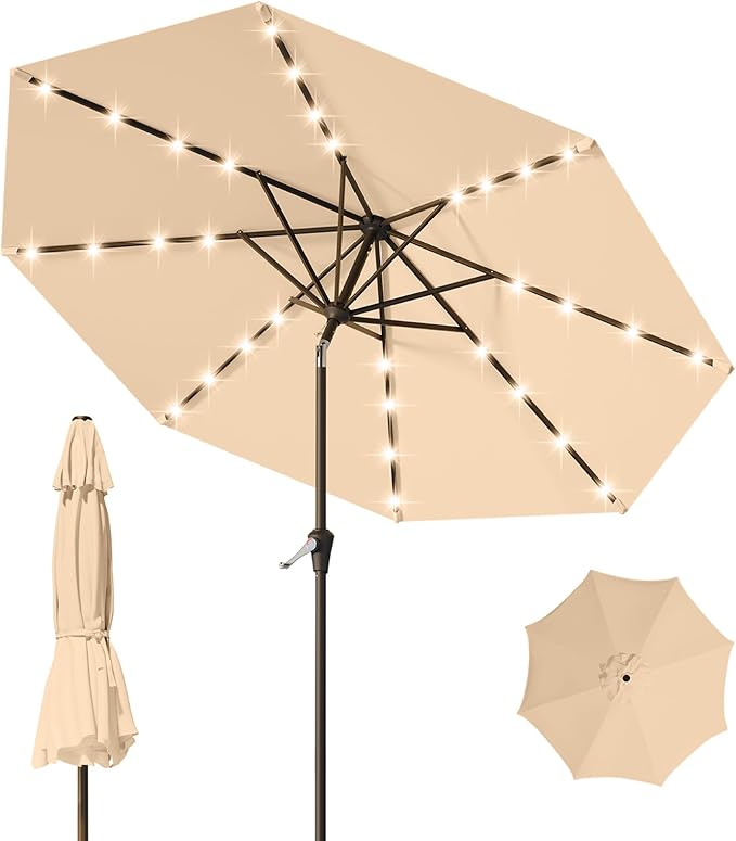 9FT Patio Umbrella with Solar Lights, Outdoor Market Umbrella with Tilt and by YourPerfectOutdoorEscape