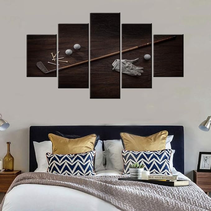 House Decorations Living Room Vintage Golf Club Pictures White Ball Paintings 5 Piece Prints on Canvas Golfing Wall Art Contemporary Artwork Wooden Framed Gallery-Wrapped Ready to Hang(60''Wx32''H)