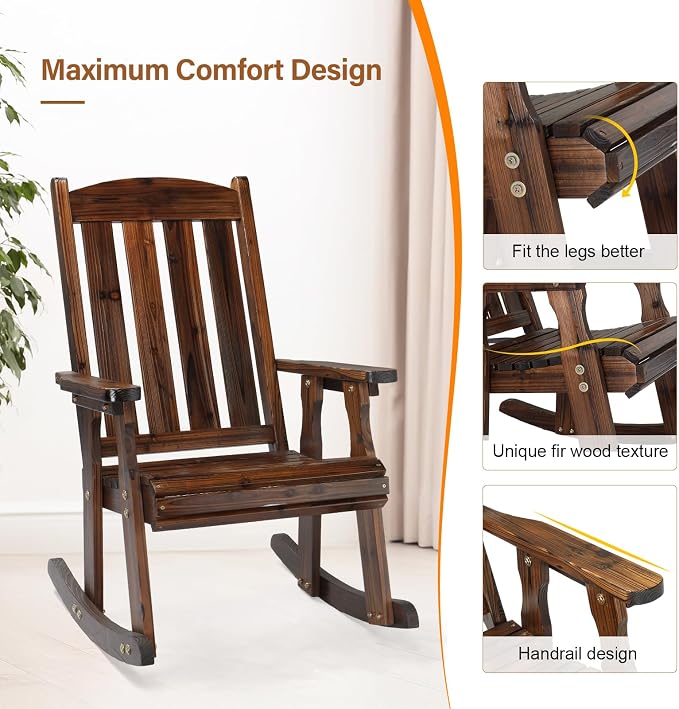 VINGLI Outdoor Rocking Chair Set of 2, Heavy Duty 600 LBS Wooden Rocking Chair - Image 6