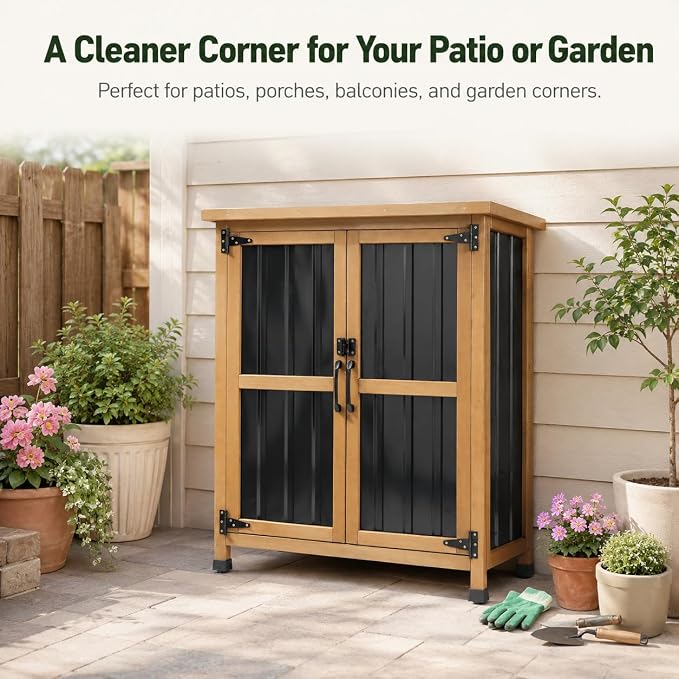 Ketive Outdoor Storage Cabinet, Wood & Metal Small Garden Tool Storage Cabinet - Image 2
