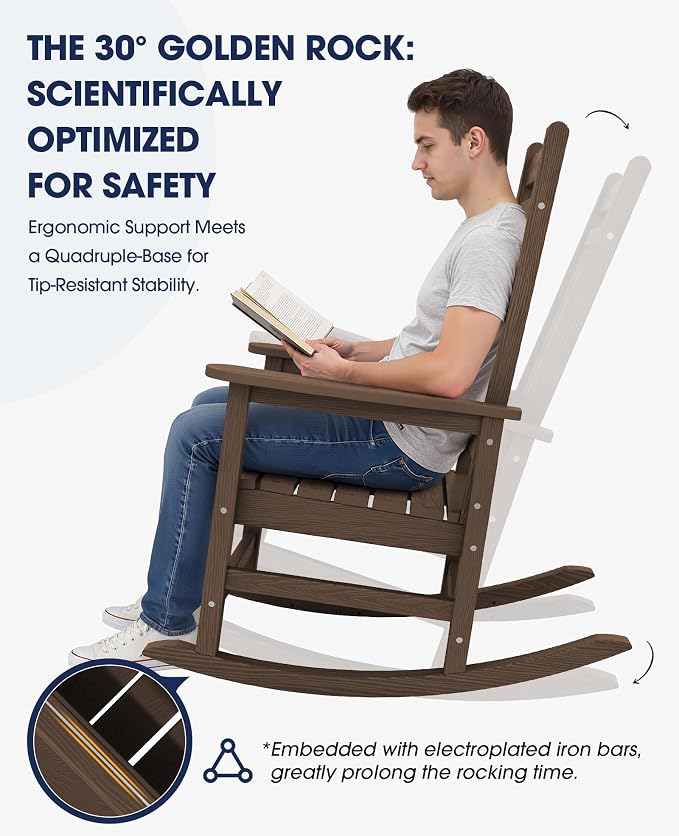 Oversized Outdoor Rocking Chair, HDPE Patio Rockers, Coffee | | All-Weather - Image 5