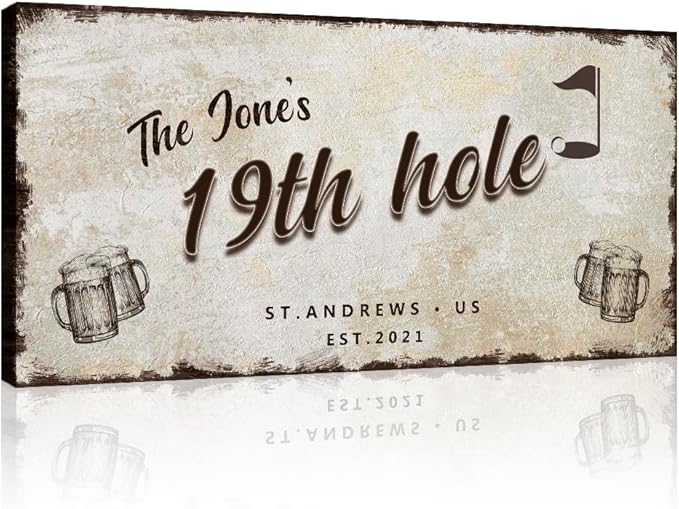 TAILORED CANVASES Golf Art Decor - Personalized Vintage Golf Wall Art Sign for Man Cave, Bedroom, Basement, Home Bar and Custom Gift for Husband, Dad, Wedding & Anniversary - 19th Hole Sign, 48"x24"