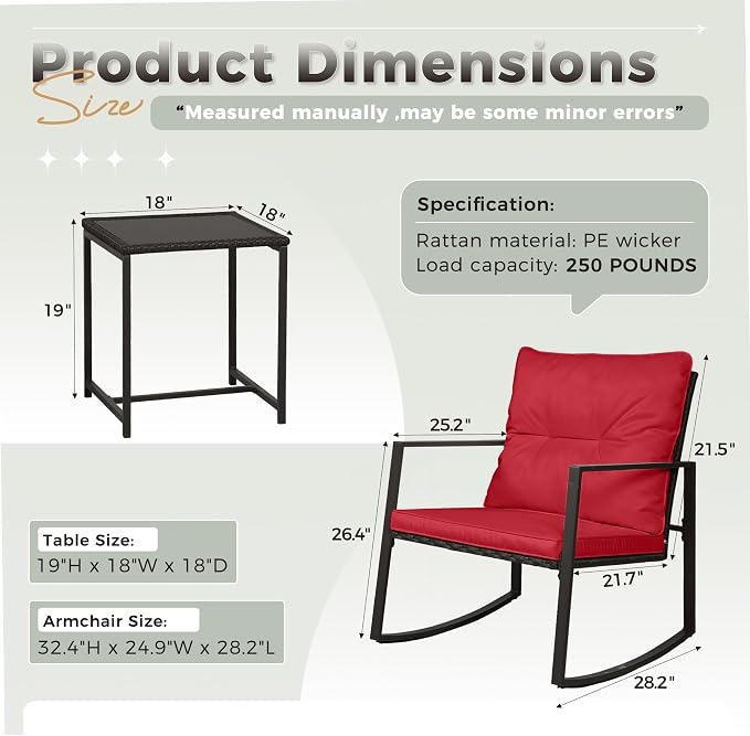 SUNCROWN 3 Piece Outdoor Rocking Bistro Set Black Wicker Furniture Porch Chairs - Image 9