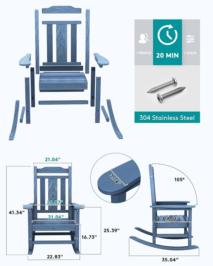 SERWALL Oversized Outdoor Rocking Chair, Patio Rocking Chair, Unique Blue | - Image 5