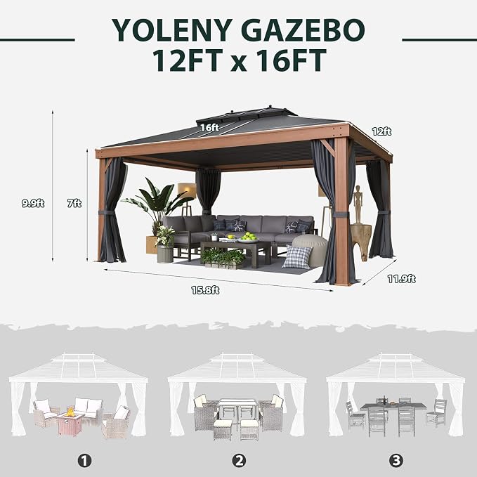 12'x16' Hardtop Gazebo, Galvanized Steel Double Roof - Image 3