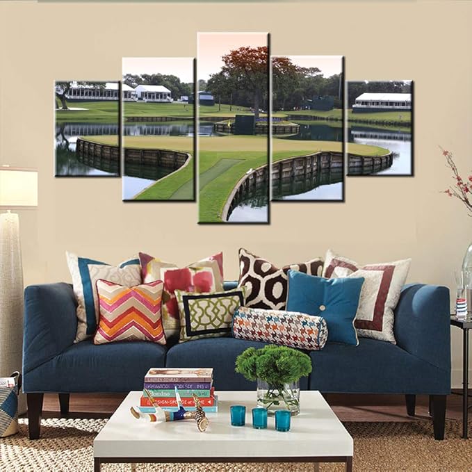5 Panel Modern Canvas Paintings America Florida Golf Course Pictures Premium Quality Prints Artwork Giclee Green Lawn Wall Art for Living Room Home Decor Framed Stretched Ready to Hang(60''Wx32''H)