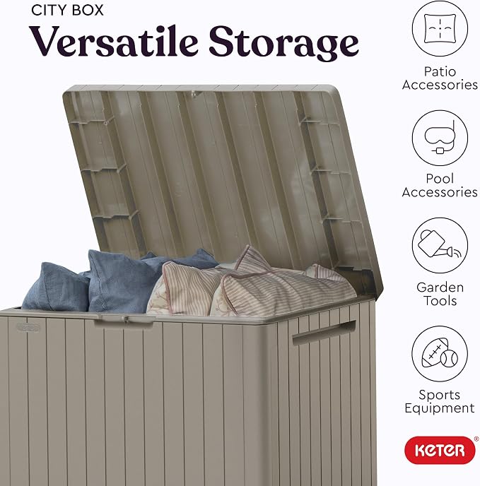 Keter City 30 Gal Outdoor Storage Box and Patio Side Table | Beige, Weatherproof - Image 5