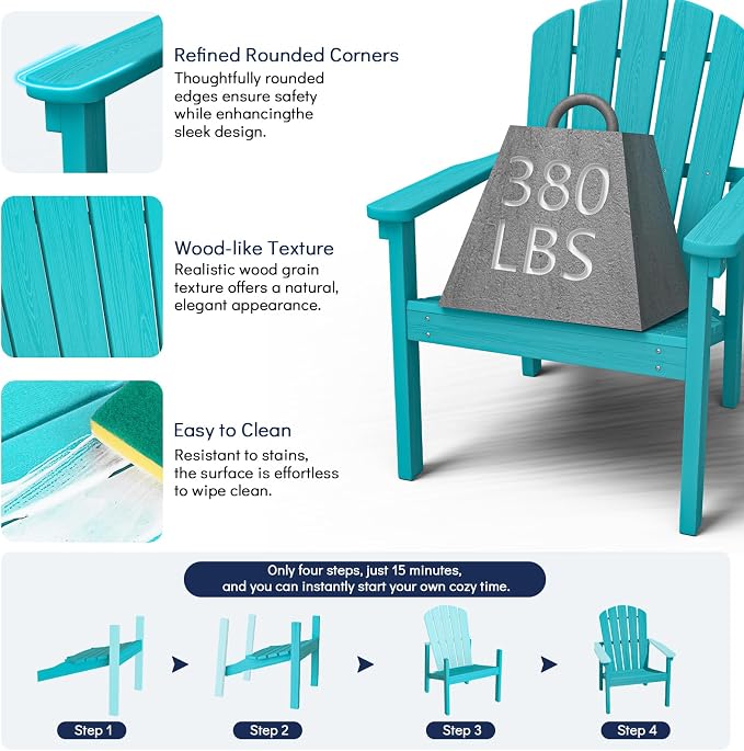 Stackable Adirondack Chairs Set of 4, Compact HDPE, Aruba | 26.3" Wide HDPE - Image 6