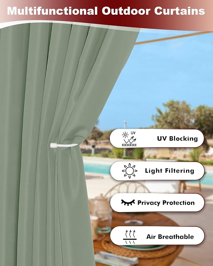 Grommet Outdoor Curtains for Patio Waterproof 8 Pcs 54x120 In Sage Green | - Image 4